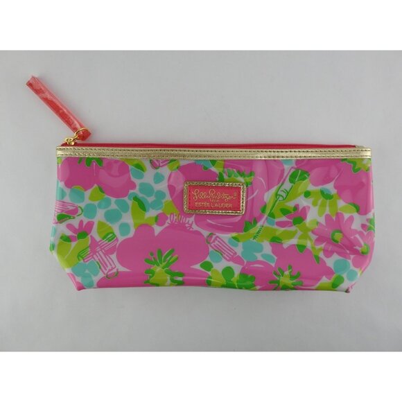 Lilly Pulitzer Handbags - Lilly Pulitzer Estee Lauder Pink Green Floral Plastic Cosmetic Makeup Bag Pouch